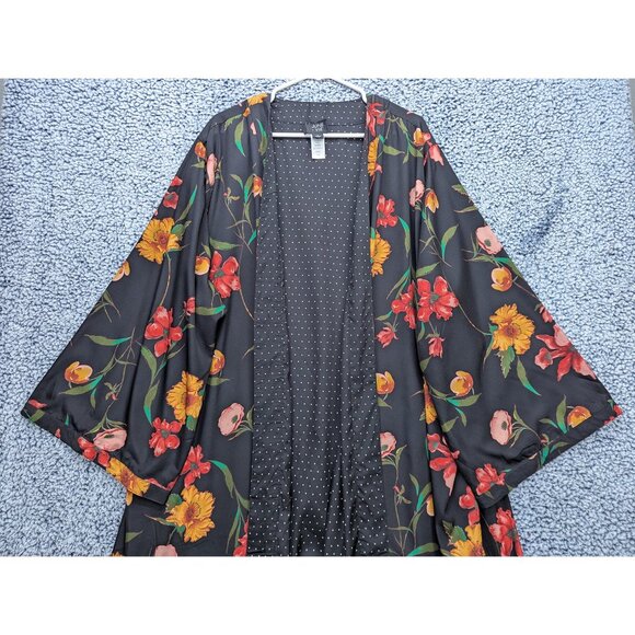 June + Vie Floral Reversible Kimono Duster Size 1X 22/24 Polka Dot Satin Black - Picture 5 of 12